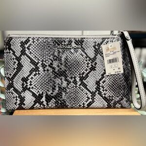 Michael Kors Black & White Snake-Print Leather Wristlet Clutch